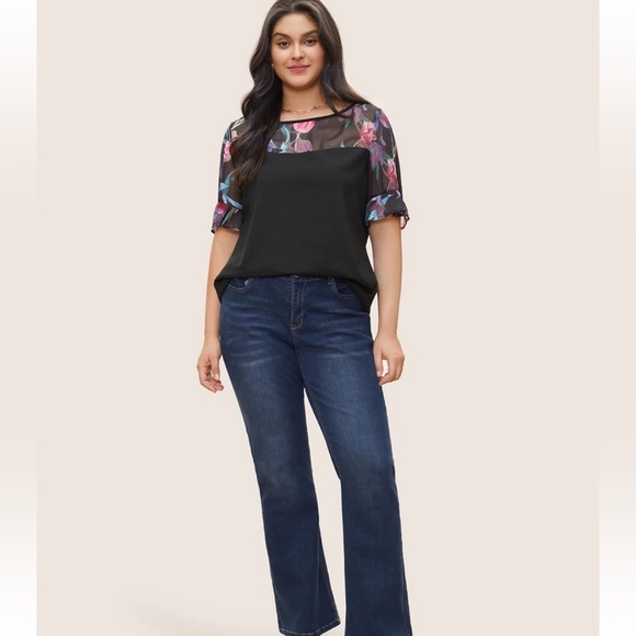 BloomChic Plus Size 3XL Floral Patchwork Mesh Round Neck Flutters T-shirt us22 - Picture 6 of 7
